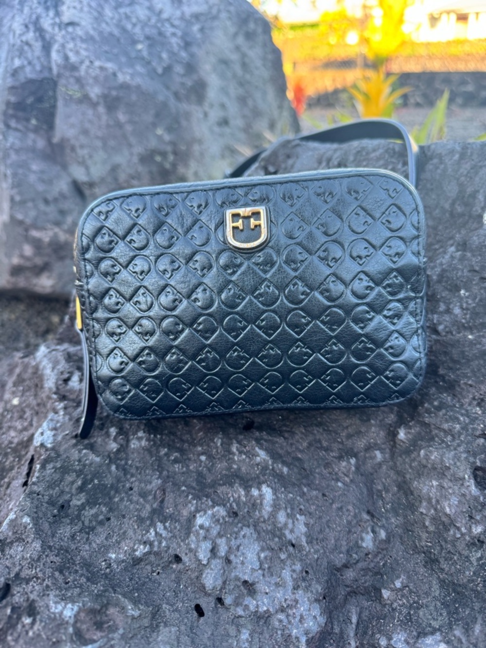 Furla Vintage Black Embossed Monogram Leather Belt Bag Crossbody Gold Hardware